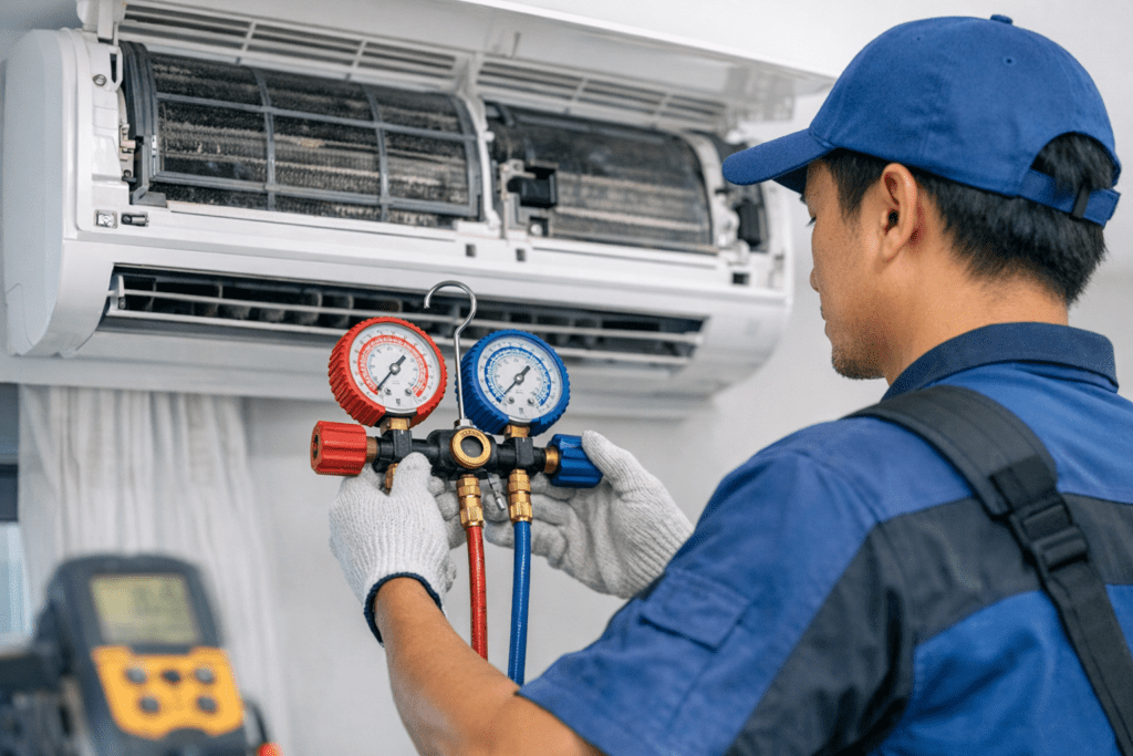 aircon technician checking refrigerant gas pressure singapore aircon not cooling