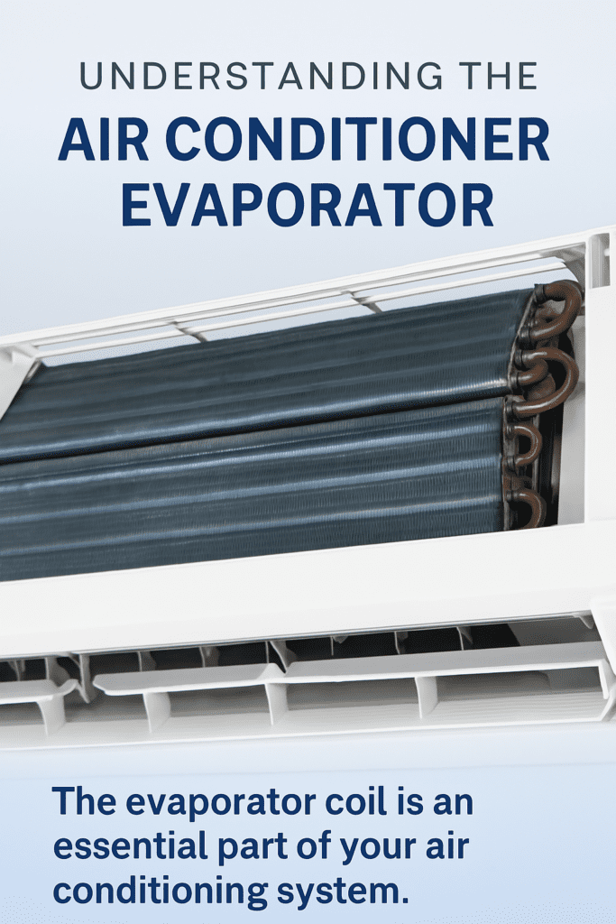 Diagram of an air conditioner evaporator coil inside a wall-mounted unit, with labeled parts and cool airflow illustration.