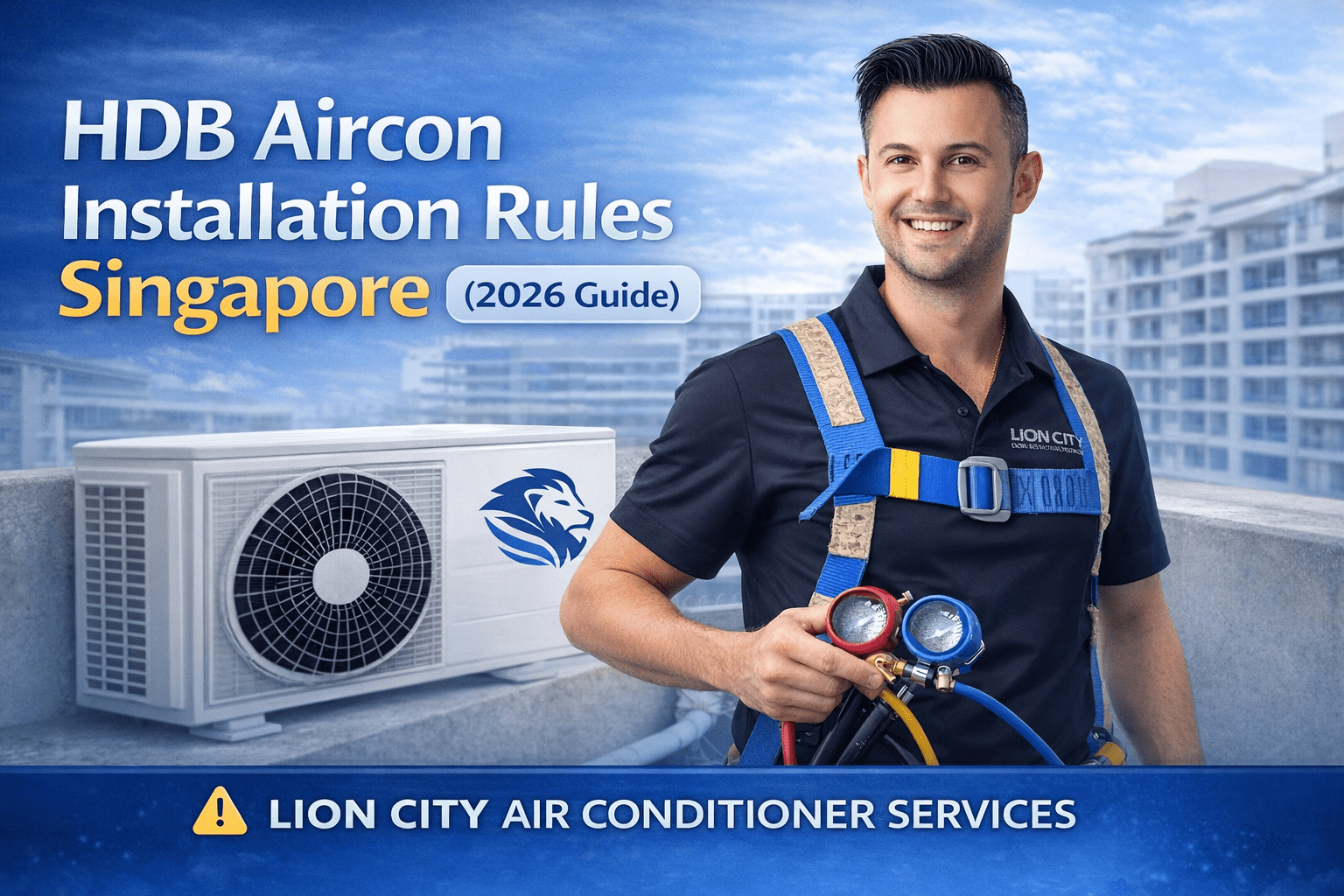 HDB aircon installation rules Singapore with technician installing outdoor compressor
