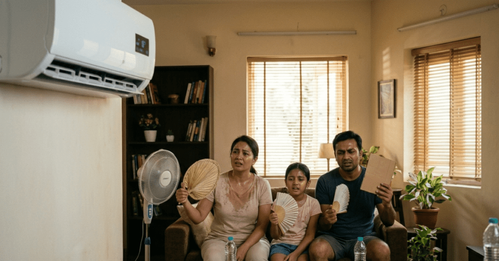 Family of four sitting on a living room sofa, fanning themselves with handheld fans to stay cool on a sunny day, near an air conditioner and window blinds.