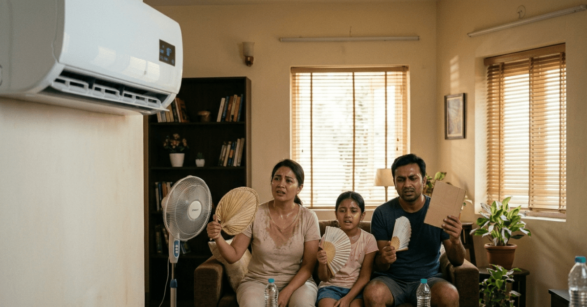 Family of four sitting on a living room sofa, fanning themselves with handheld fans to stay cool on a sunny day, near an air conditioner and window blinds.