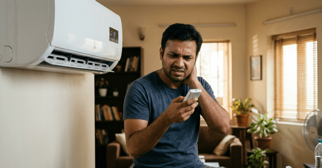 A frustrated homeowner struggling with a malfunctioning unit, serving as a relatable prompt to beat the Singapore heat by learning how to restore your aircon’s cooling speed through professional maintenance.