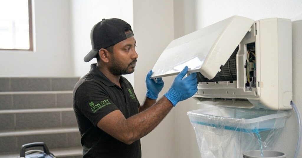 This image captures a technician from Lion City performing a meticulous maintenance service on a wall-mounted air conditioning unit. Wearing protective gloves and a focused expression, he is carefully lifting the front panel to access the internal components.