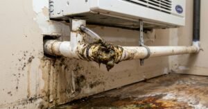 A heavily clogged PVC drain pipe bursting with thick, dark sludge underneath an air conditioning unit, causing mold and water damage to the surrounding wall.