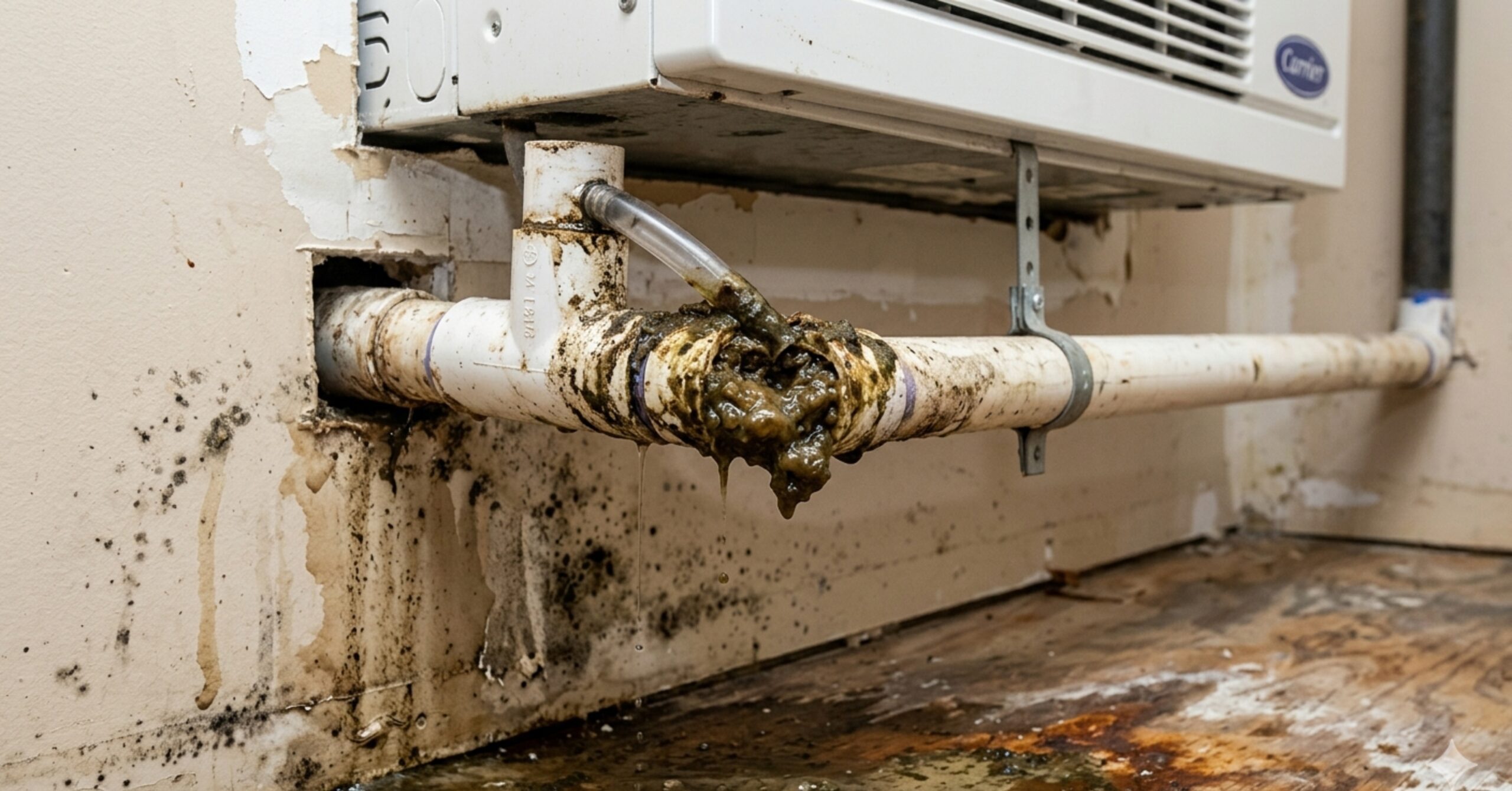 A heavily clogged PVC drain pipe bursting with thick, dark sludge underneath an air conditioning unit, causing mold and water damage to the surrounding wall.