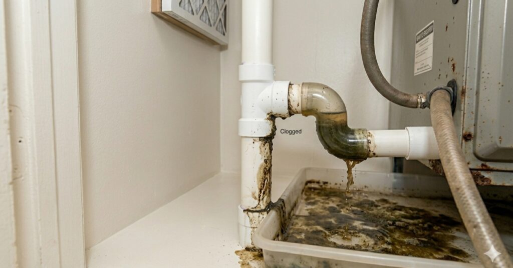 A close-up of a clogged HVAC drain pipe leaking sludge, illustrating essential Aircon Maintenance 101 by showing exactly how to check your drainage system for blockages before they cause leaks.