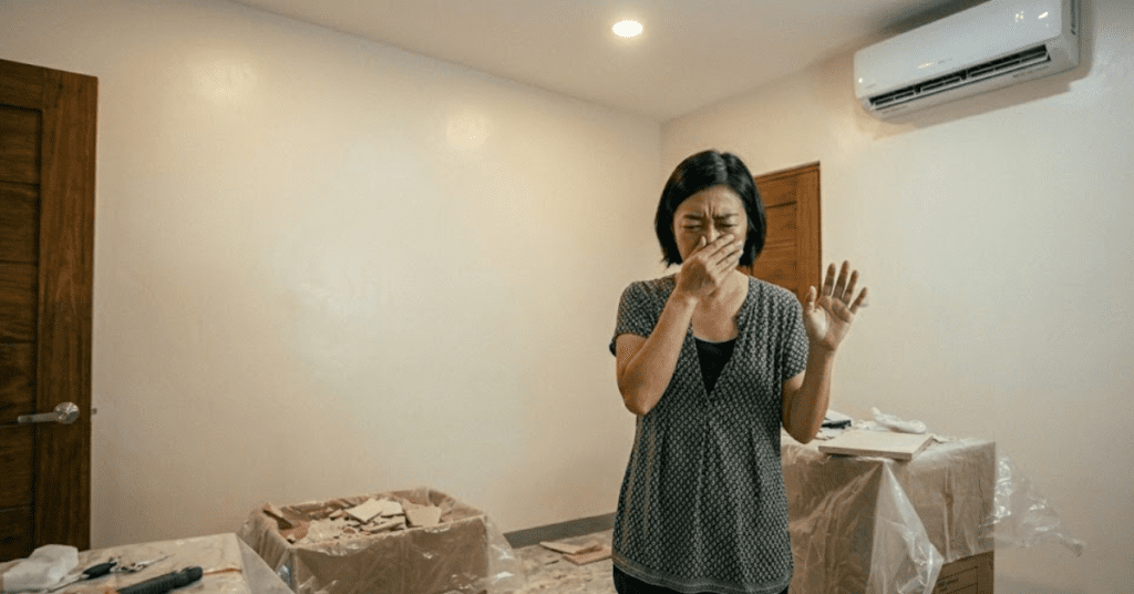 The image illustrates the discomfort caused by lingering odors in a freshly remodeled room, highlighting the relationship between VOCs & renovations to explain why your new home smells like aircon 'chemicals'.