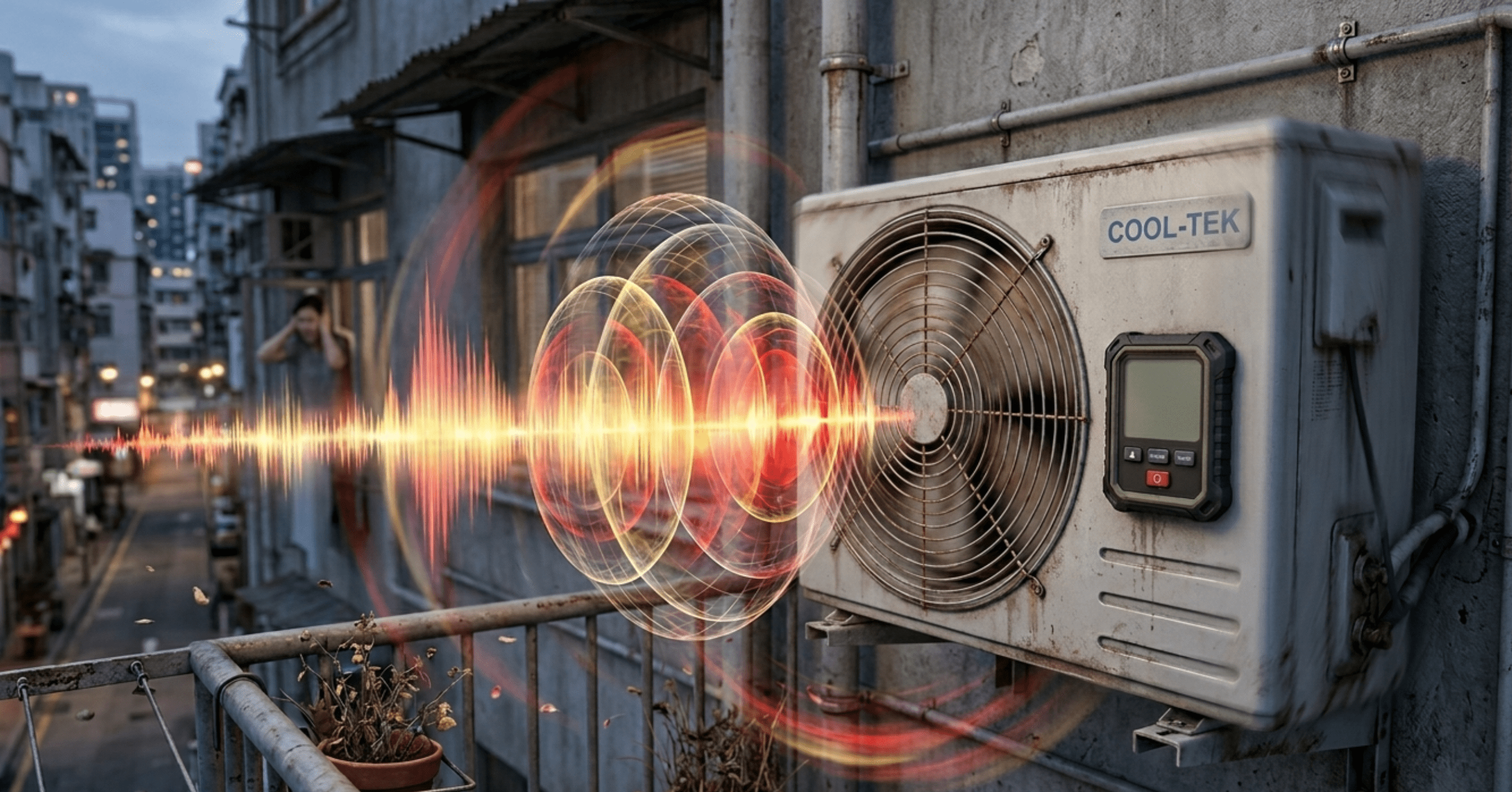 A noisy outdoor aircon unit emitting glowing sound wave graphics, with a neighbor covering their ears in the background.