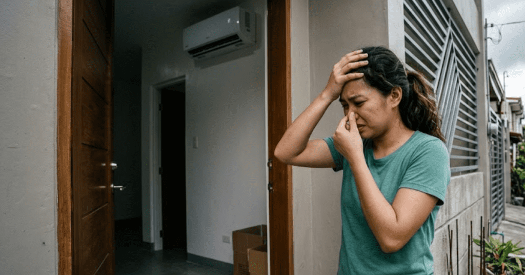 A woman standing in the doorway of a newly renovated home, looking distressed and pinching her nose due to a strong, unpleasant odor.