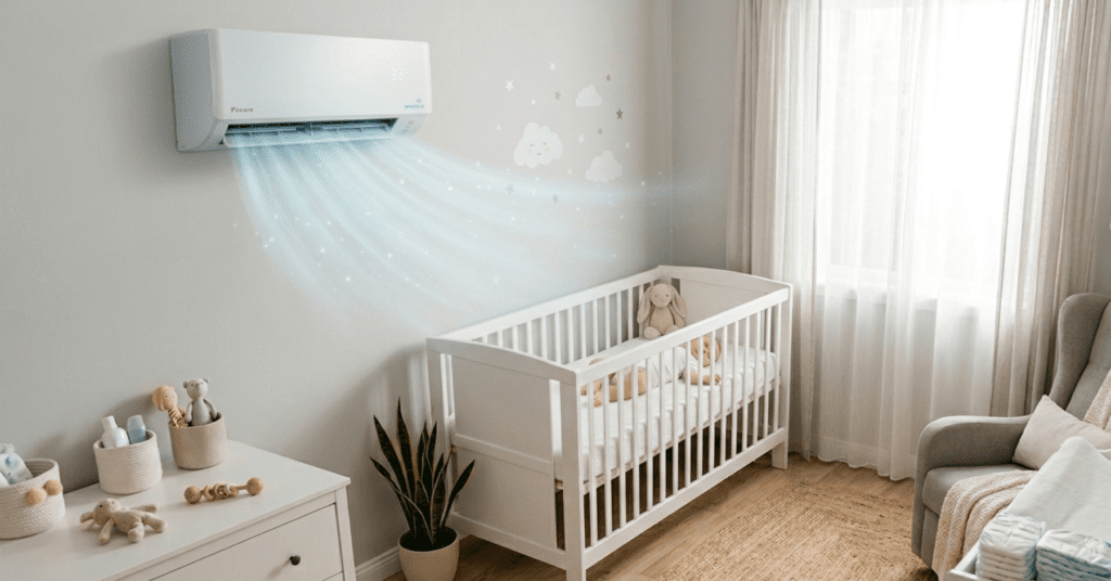 A white split-system air conditioner blowing gentle, sparkling cool air over a white crib where a baby is sleeping peacefully in a nursery.