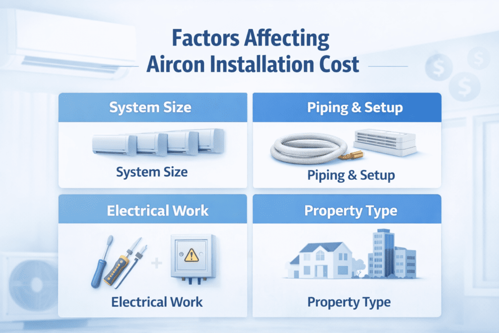 factors affecting aircon installation cost singapore piping system size electrical work