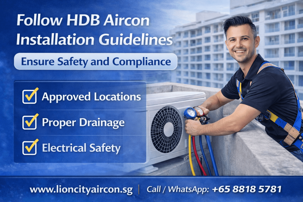 HDB aircon installation guidelines showing approved locations drainage and electrical safety Singapore
