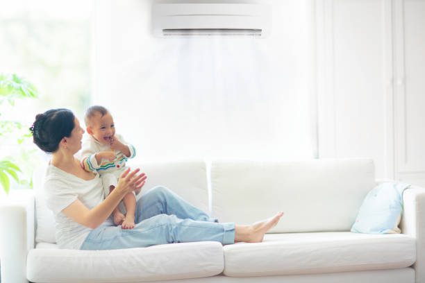 The image promotes the Best Aircon Settings and Hygiene for Your Baby's Room, illustrating how a well-maintained system creates a safe, comfortable, and healthy environment for your little one.