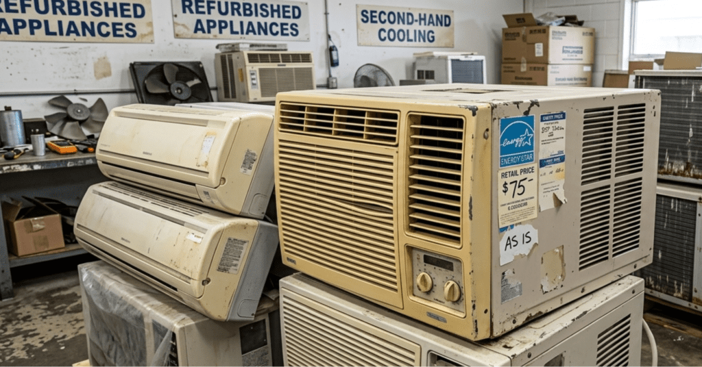 A technician inspects a collection of used and refurbished window units and split systems in a repair shop. While these second-hand options offer a low upfront price, the visible wear and technical repairs emphasize the importance of verifying their condition before purchase.