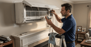 A technician using a multimeter and screwdriver to repair a dusty, wall-mounted air conditioning unit in a living room.