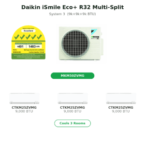 Daikin iSmile Eco+ R32 3-zone multi-split outdoor unit with three 9k BTU indoor units (MKM50ZVMG and CTKM25VMG).