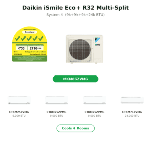 Daikin iSmile Eco+ R32 multi-split system with outdoor unit and four indoor units (9k/9k/9k/24k BTU).