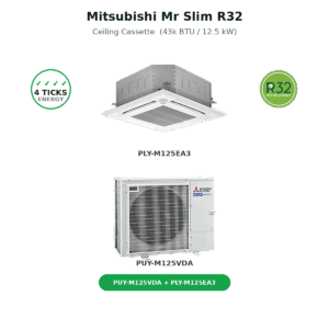 PUY-M125VDA / PLY-M125EA3 / 43k BTU Ceiling Cassette / 4 Ticks / R32 Gas
