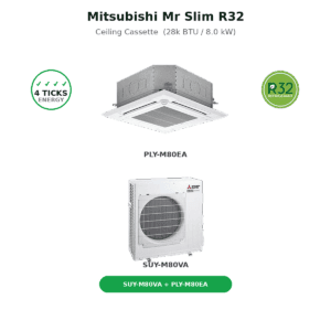 Mitsubishi Mr Slim R32 ceiling cassette indoor unit with energy logos on sides and a green combo button labeled SUY-M80VA + PLY-M80EA below the unit.