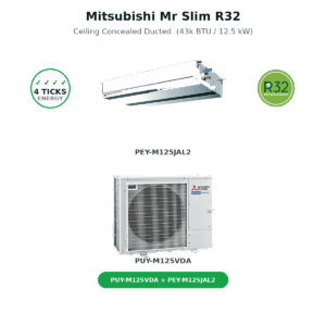 Mitsubishi Mr Slim R32 ceiling concealed ducted indoor unit with energy and refrigerant icons on either side; models PEY-M125JAL2 and PUY-M125VDA shown; green bundle button below
