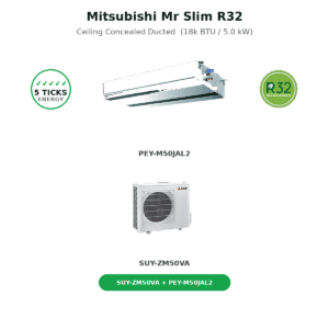 Mitsubishi Mr Slim R32 ceiling-concealed ducted air conditioner (18k BTU / 5.0 kW) with indoor unit image above badges and model text beneath it, for a product page header image description, concise and informative.