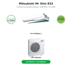 Mitsubishi Mr Slim R32 ceiling concealed ducted indoor unit with energy and refrigerant badges; shows SUY-M80VA and PEY-M80JAL2 pairings.