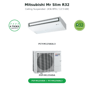 Mitsubishi Mr Slim R32 ceiling-suspended indoor unit with 4-tick energy seal and R32 refrigerant badge, plus outdoor unit PUY-M125VDA (heat pump).