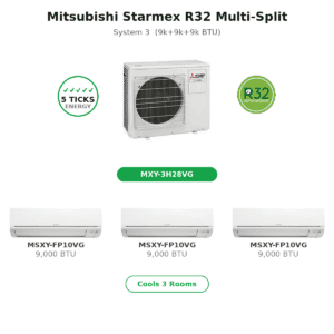 Mitsubishi Electric Starmex System 3 multi-split aircon MXY-3H28VG with three MSXY-FP10VG 9000 BTU fan coils, 5 ticks R32