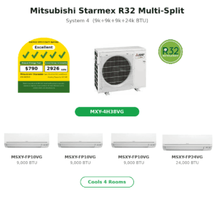 Mitsubishi Starmex R32 Multi-Split layout with outdoor unit, energy badge, R32 seal, four indoor units (9k–24k BTU), and a green MXY-4H38VG badge button.