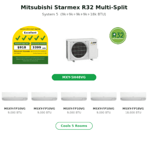 Mitsubishi Starmex R32 Multi-Split system overview with energy rating sticker, outdoor unit, and R32 logo; highlighted model MXY-5H48VG and five indoor units below; green 'MXY-5H48VG' button; 'Cools 5 Rooms' badge.