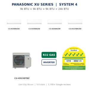Panasonic XU System 4 9k+9k+9k+24k BTU multi split aircon with CU-4XU38YBZ and official NEA 5 tick label